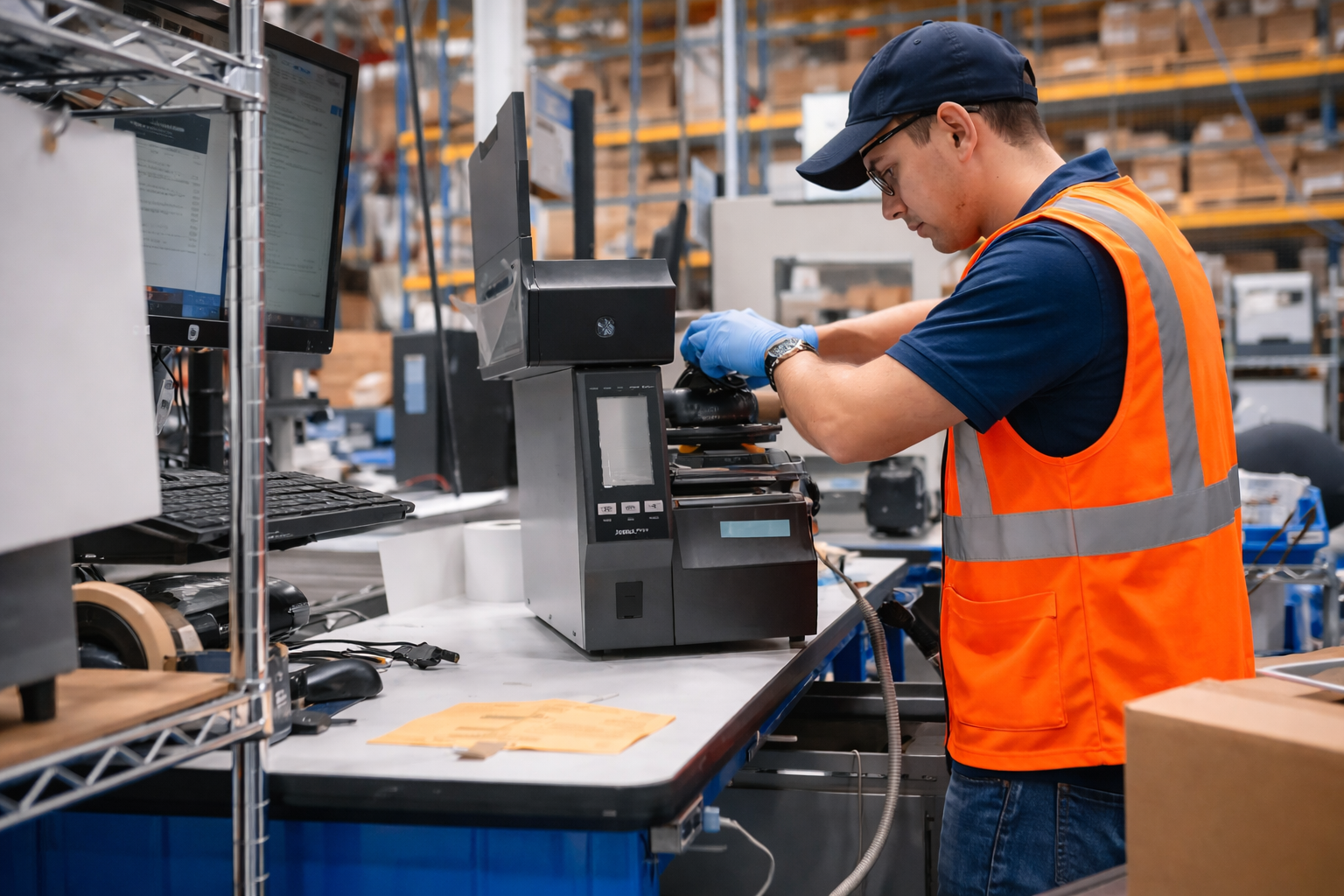 Technician in PPE servicing a Zebra ZT series industrial printer in a manufacturing facility
